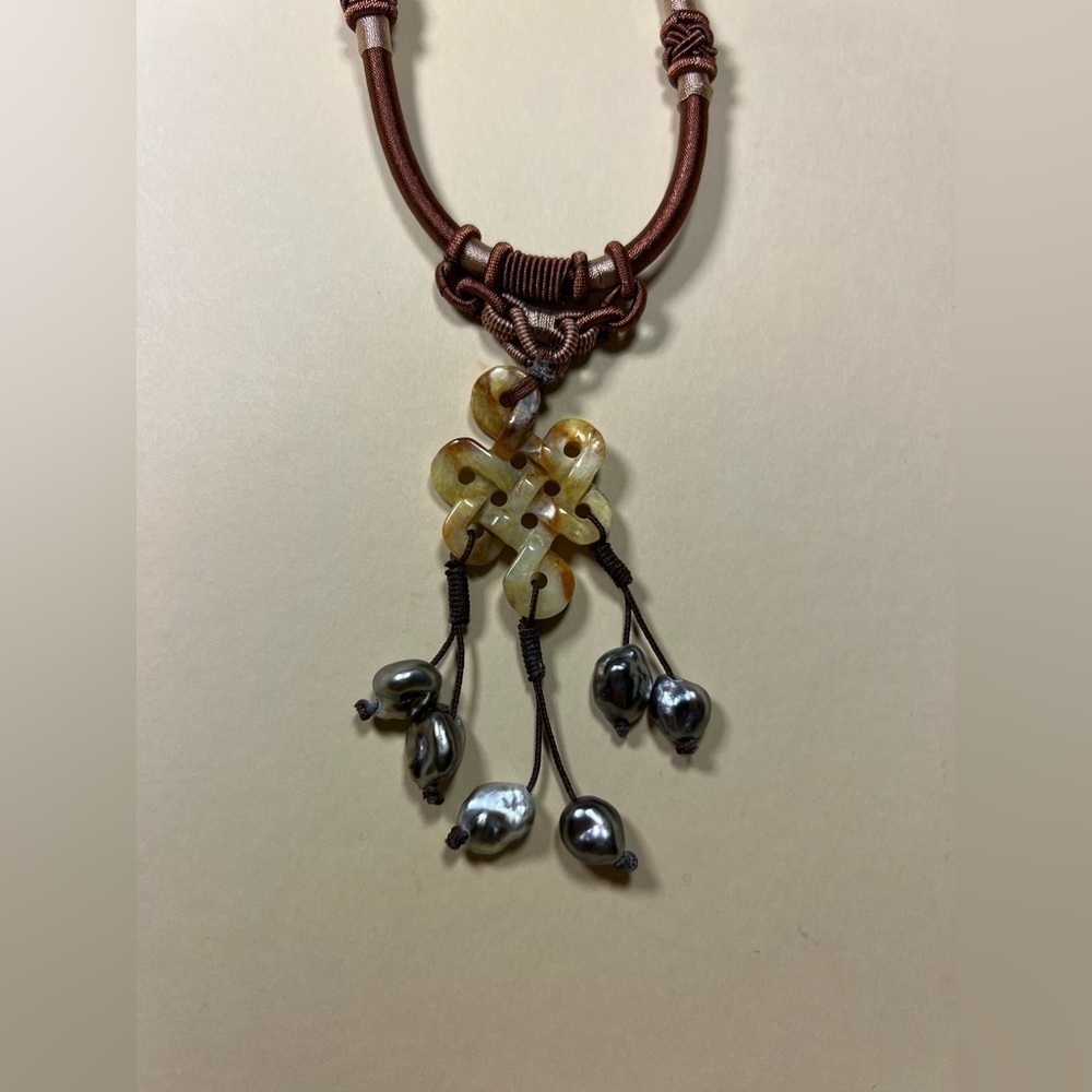 Carved Agate Infinite Knot and Tahitian Pearls with Silk woven Chain Necklace - Picture 3 of 9